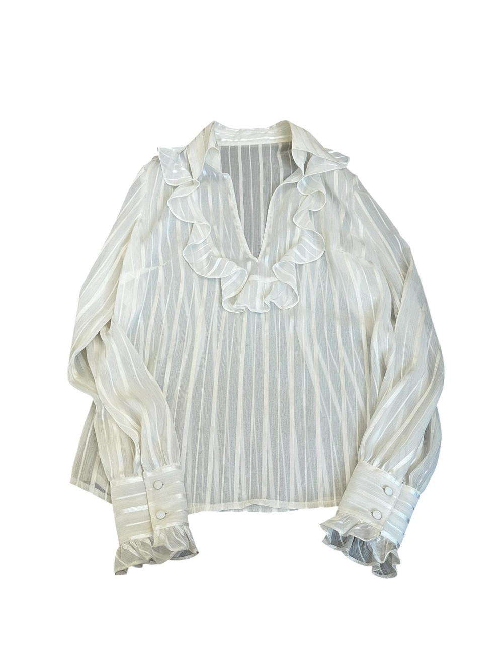 Womens Satin Ivory Ruffle Blouse Pearl Buttons Semi Sheer Romantic Feminine